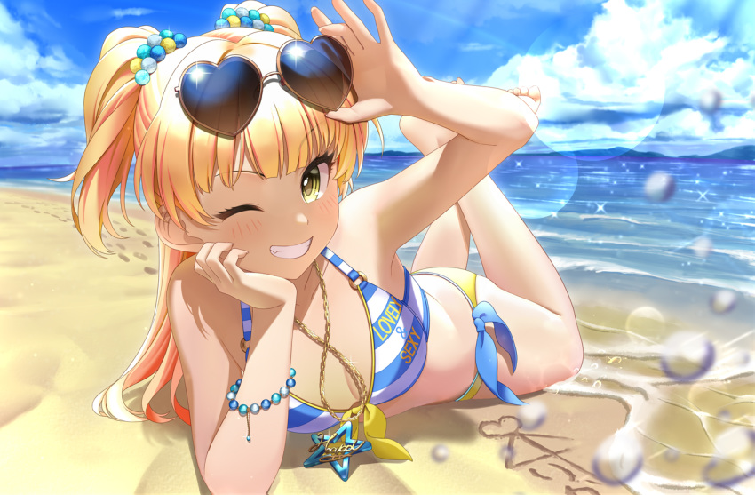 1girl ass bare_shoulders beach bikini blonde_hair blush bracelet breasts cleavage commentary_request eyewear_on_head jewelry long_hair looking_at_viewer lying necklace oc on_stomach outdoors sand sleeveless small_breasts smile solo sunglasses swimsuit teeth water wotori