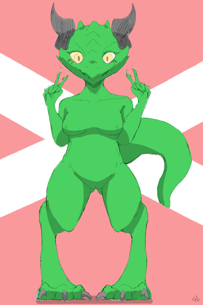 2:3 absurd_res anthro breasts claws colored digitigrade ek_(artist) female genitals gesture green_body green_scales hi_res horn kobold nude pattern_background pose pussy scales scalie simple_background sketch smile solo v_sign yellow_eyes