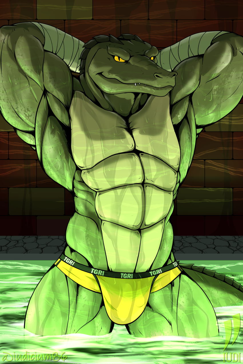 abs alligator alligatorid anthro bulge clothing crocodilian hi_res iudicium86 leatherhead male muscular muscular_anthro muscular_male pecs reptile scalie sewer solo teenage_mutant_ninja_turtles underwear water wet