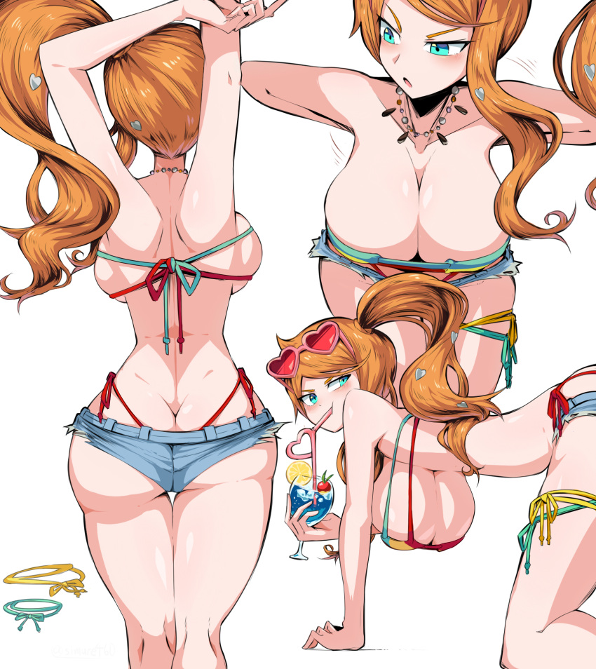 1girl adjusting_clothes adjusting_swimsuit aqua_eyes arms_up ass backboob blush breasts cleavage crazy_straw cup drink drinking_glass drinking_straw eyewear_on_head from_behind from_side hair_ornament hanging_breasts heart heart_hair_ornament heart_straw highres large_breasts leaning_forward long_hair micro_shorts multiple_views orange_hair pokemon pokemon_(game) shimure_(460) shorts side_ponytail simple_background sonia_(pokemon) sunglasses swimsuit underboob white_background