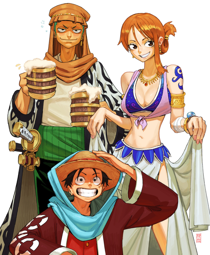 1girl 2boys :d absurdres alcohol alternate_costume arabian_clothes bare_shoulders beer beer_mug bikini bikini_top black_hair blush bracelet breasts brown_eyes bustier cleavage cup drunk earrings edpan foam green_hair grin hair_between_eyes hand_on_own_head haramaki hat highres holding holding_cup jewelry katana log_pose looking_at_viewer medium_breasts monkey_d_luffy mug multiple_boys nami_(one_piece) navel one_piece open_mouth orange_hair parted_lips roronoa_zoro scar short_hair simple_background smile straw_hat swimsuit sword tattoo teeth triple_wielding weapon white_background