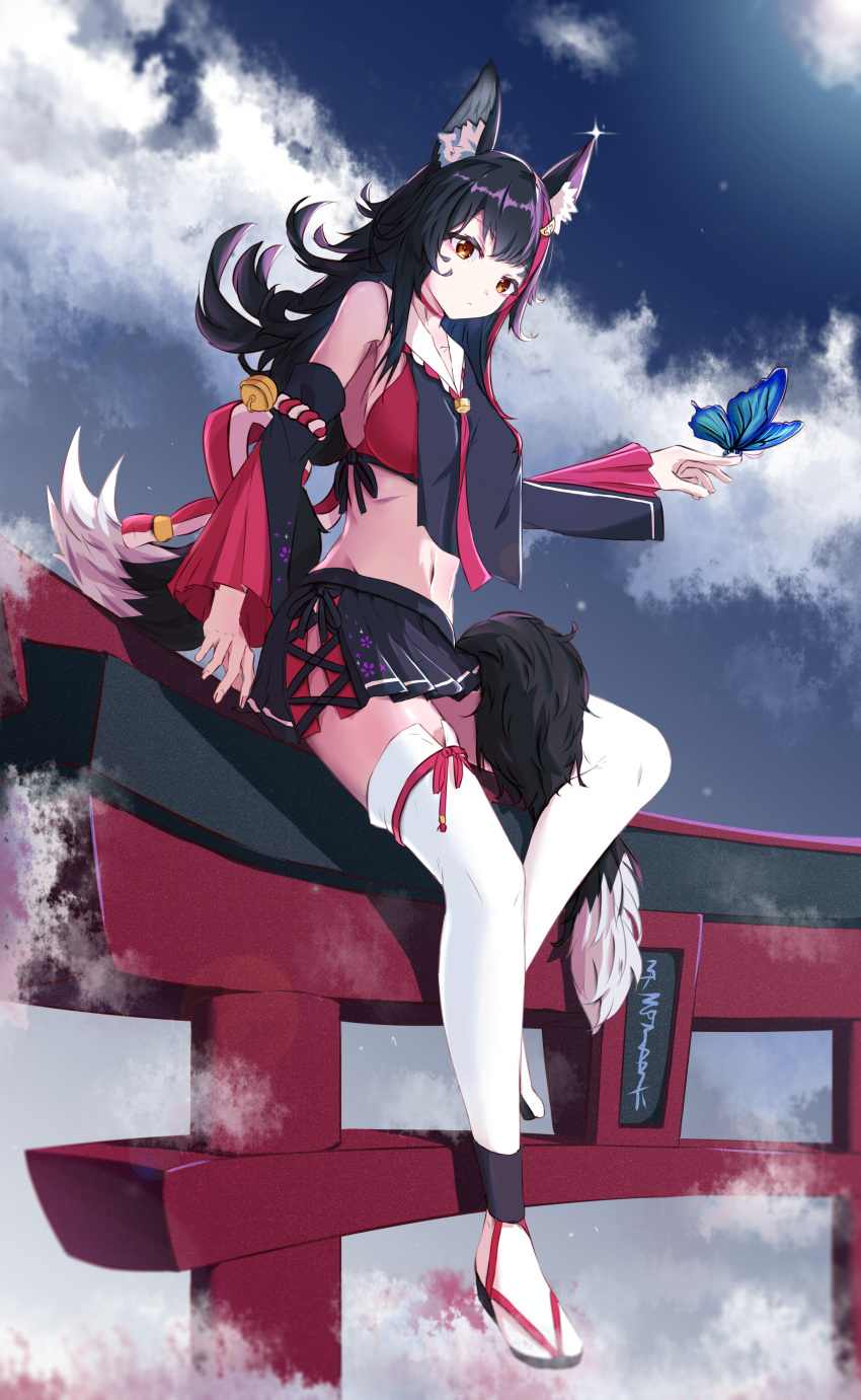 1girl absurdres animal_ear_fluff animal_ears bell black_hair blush breasts bug butterfly choker closed_mouth cloud detached_sleeves eyebrows_visible_through_hair flipped_hair hair_ornament hairclip highres hololive insect long_hair long_sleeves looking_at_viewer multicolored_hair navel ookami_mio pleated_skirt qiongyouu_dayo red_hair sandals side_slit skirt sky solo streaked_hair tail thighhighs very_long_hair virtual_youtuber wolf_ears wolf_girl wolf_tail yellow_eyes