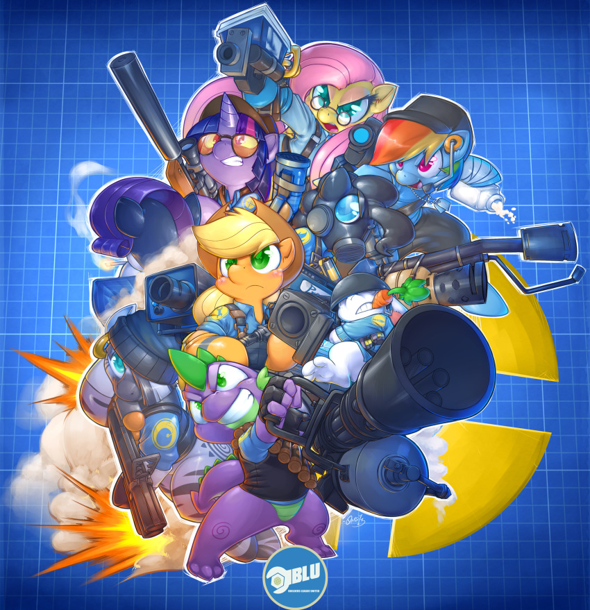 0r0ch1 2013 angel_(mlp) applejack_(mlp) armor blonde_hair blue_body blue_eyes blue_feathers blue_fur carrot claws clothed clothing cowboy_hat crossover cutie_mark demoman_(team_fortress_2) dog_tags dragon ear_piercing earth_pony engineer_(team_fortress_2) equid equine explosion eyewear feathered_wings feathers female feral flamethrower flare_gun fluttershy_(mlp) food freckles friendship_is_magic fur gas_mask gatling_gun glasses green_eyes group gun hair hasbro hat headgear headwear heavy_(team_fortress_2) helmet hi_res horn horse lagomorph leporid long_hair machine_gun male mammal mask medic_(team_fortress_2) milk minigun multicolored_hair my_little_pony open_mouth orange_body orange_fur pegasus piercing pinkie_pie_(mlp) plant pony purple_eyes purple_hair pyro_(team_fortress_2) rabbit rainbow_dash_(mlp) rainbow_hair ranged_weapon rarity_(mlp) rifle scalie scout_(team_fortress_2) slouch_hat smile smoke smoking sniper sniper_(team_fortress_2) sniper_rifle soldier_(team_fortress_2) spike_(mlp) spy_(team_fortress_2) stripes suit team_fortress_2 tongue twilight_sparkle_(mlp) two_tone_hair unicorn valve vegetable video_games weapon white_body white_fur wings yellow_body yellow_fur zebra zecora_(mlp)