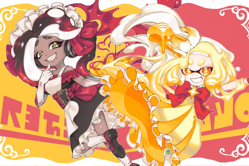 +_+ 2girls alternate_costume apron aramaki_spla black_dress black_hair blonde_hair bow cephalopod_eyes commentary crown dark_skin dress enmaided finger_to_mouth food food_on_face frilled_dress frills gloves gradient_hair green_eyes grin headphones highres hime_(splatoon) holding holding_tray iida_(splatoon) inkling_(language) ketchup leaning_back leaning_forward long_dress looking_at_viewer maid maid_apron maid_headdress mayonnaise medium_dress medium_hair mole mole_under_mouth multicolored_hair multiple_girls off-shoulder_dress off_shoulder omurice orange_dress orange_eyes red_bow red_footwear red_hair sharp_teeth shoes sleeveless sleeveless_dress smile socks splatoon_(series) splatoon_2 standing standing_on_one_leg suction_cups symbol_commentary teeth tray white_apron white_gloves white_hair white_headwear white_legwear