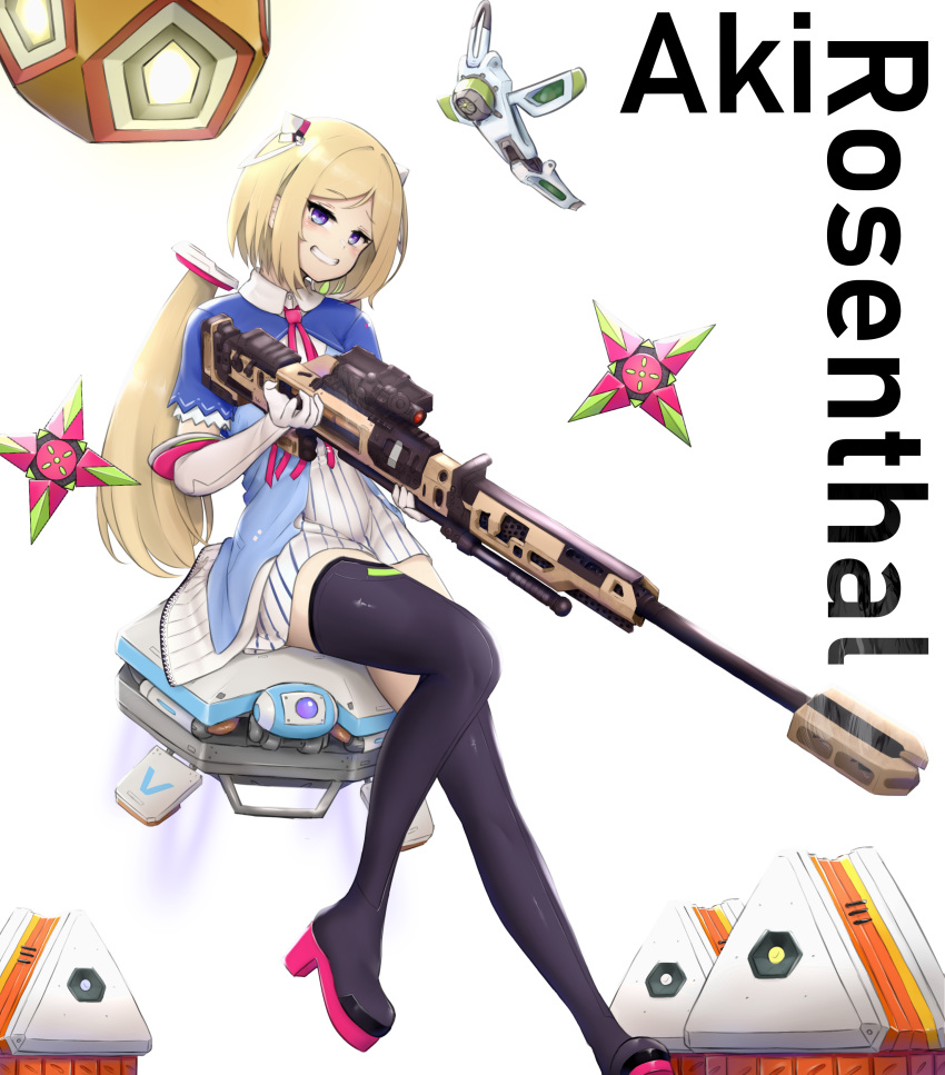 1girl absurdres aki_rosenthal bangs black_legwear blonde_hair character_name detached_hair eyebrows_visible_through_hair gun hair_ornament high_heels highres hololive long_hair lunch_boxer parted_bangs sitting teeth thighhighs virtual_youtuber weapon white_background