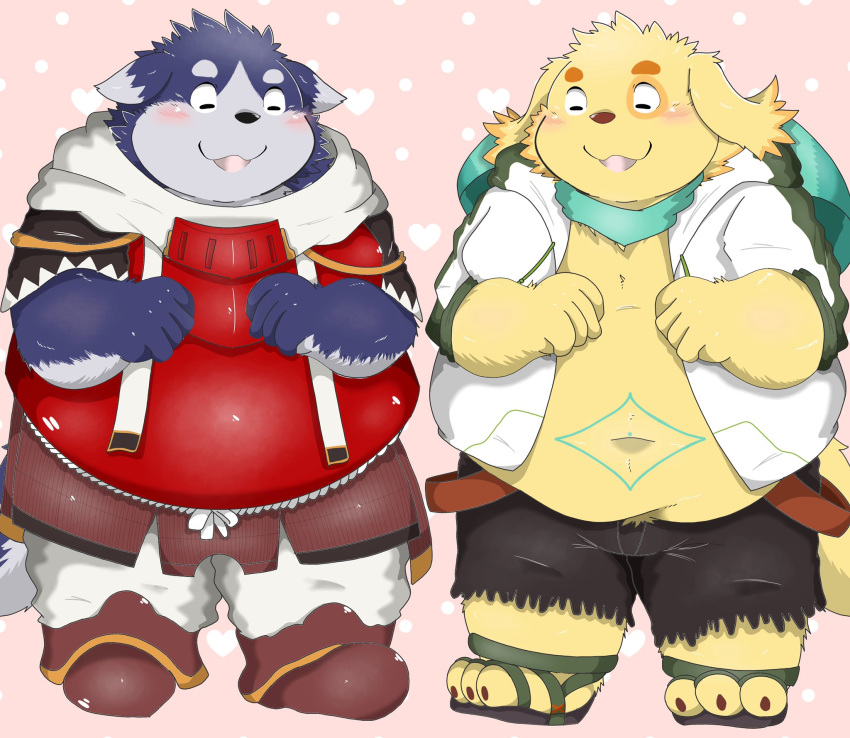 2020 anthro armor belly black_nose blush canid canine canis clothing cu_sith_(tas) domestic_dog duo eyes_closed harima hi_res hoodie kemono male mammal overweight overweight_male poketalesof scarf simple_background tamakore tokyo_afterschool_summoners topwear video_games white_background