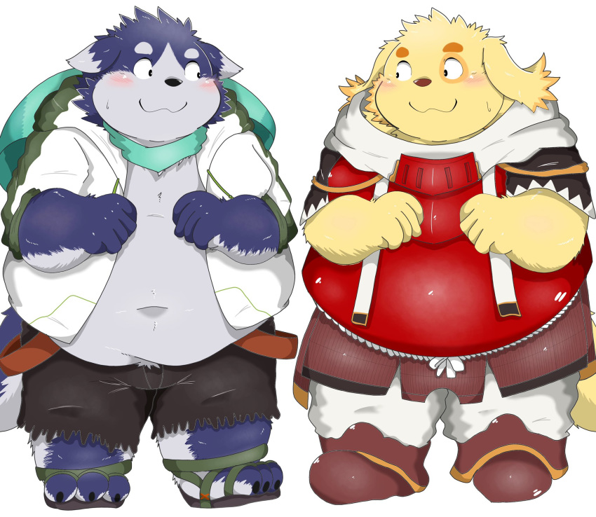 2020 anthro armor belly black_nose blush canid canine canis clothing cu_sith_(tas) domestic_dog duo harima hi_res hoodie kemono male mammal overweight overweight_male poketalesof scarf simple_background tamakore tokyo_afterschool_summoners topwear video_games white_background