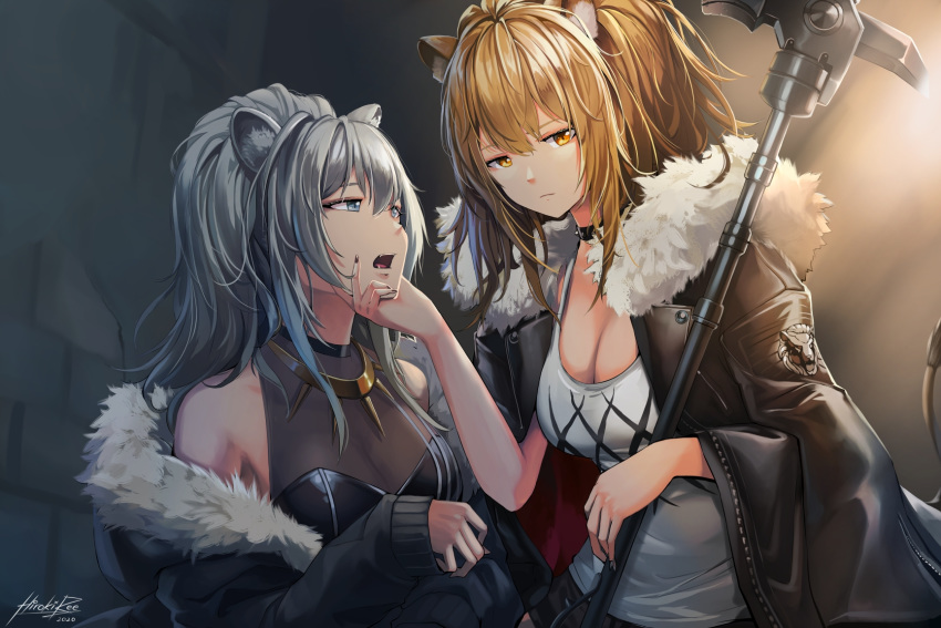 ahoge animal_ears arknights bangs bare_shoulders black_jacket blush breasts brown_eyes brown_hair choker cleavage crossover earrings expressionless eyebrows_visible_through_hair fur-trimmed_jacket fur_trim grey_eyes grey_hair hair_between_eyes hand_on_another's_chin highres hiroki_ree holding holding_weapon hololive jacket jewelry large_breasts leather leather_jacket lion lion_ears lion_girl lion_tail long_hair looking_at_another looking_at_viewer necklace open_mouth shirt shishiro_botan short_shorts shorts siege_(arknights) sitting squatting studded_choker tail tank_top virtual_youtuber war_hammer weapon white_tank_top