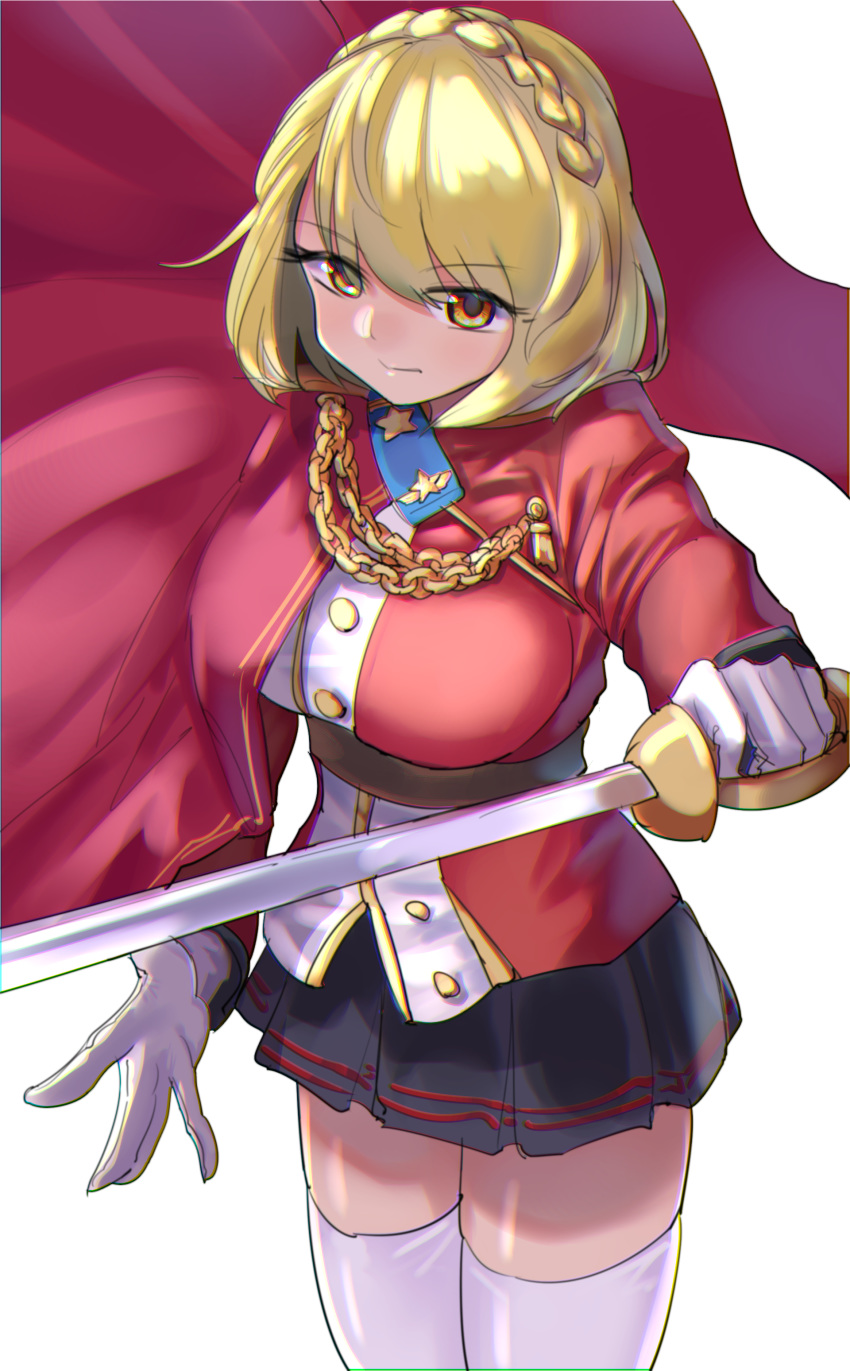 1girl absurdres aiguillette azur_lane black_skirt blonde_hair braid breasts buttons chromatic_aberration closed_mouth crown_braid eyebrows_visible_through_hair gloves gunnjou_yosio highres holding holding_sword holding_weapon large_breasts long_sleeves looking_at_viewer miniskirt pleated_skirt prince_of_wales_(azur_lane) skirt solo sword thighhighs weapon white_gloves white_legwear yellow_eyes zettai_ryouiki