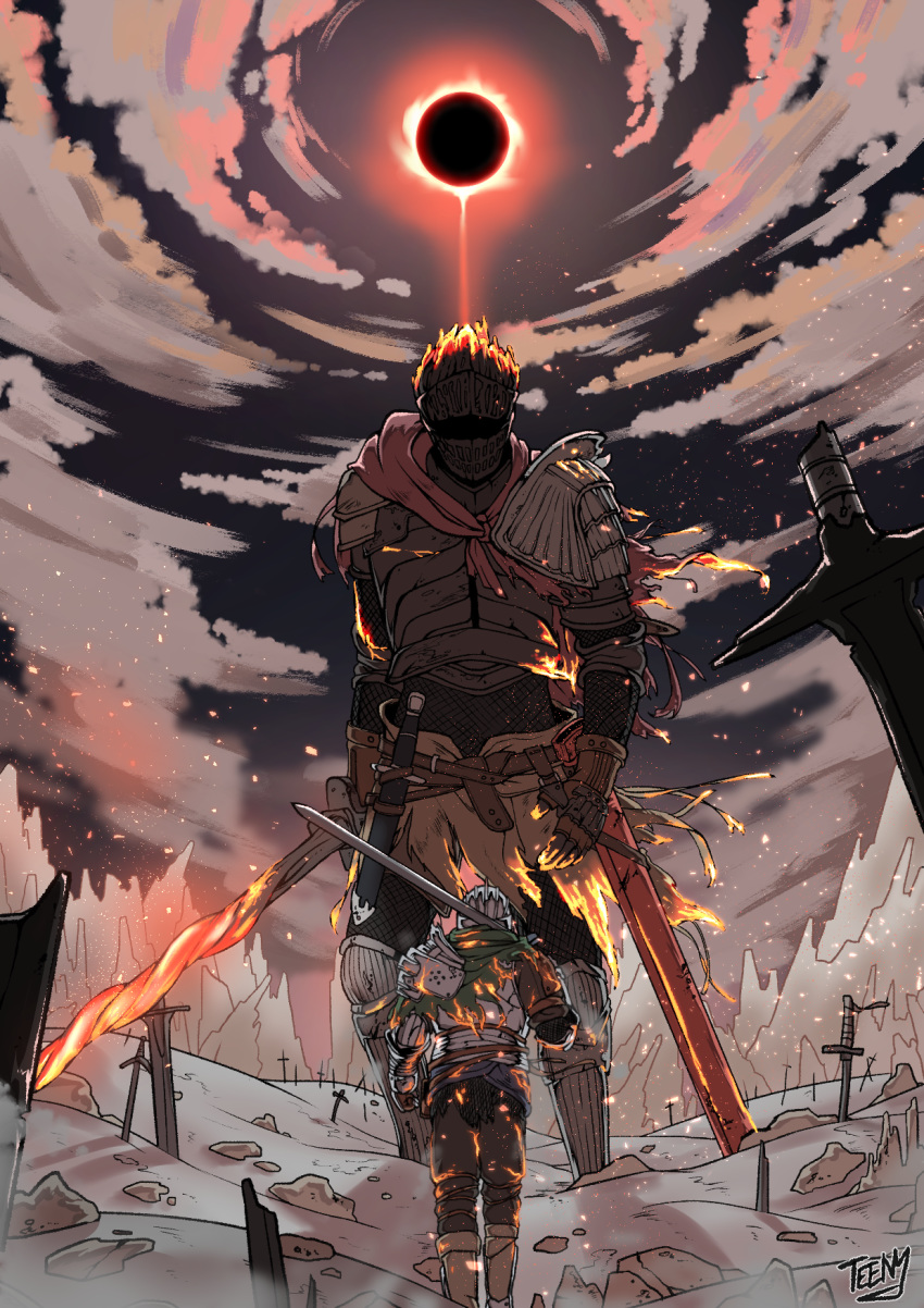 2others arm_at_side armor armored_boots arms_at_sides artist_name ashen_one_(dark_souls_3) battle belt boots breastplate broken broken_sword broken_weapon brown_pants capelet cloud cloudy_sky commentary_request dagger dark_souls_iii duel eclipse embers facing_away feet_out_of_frame field_of_blades full_armor gauntlets glowing glowing_sword glowing_weapon greatsword greaves green_capelet helmet highres hill holding holding_sword holding_weapon korean_commentary looking_at_another moon multiple_others outdoors over_shoulder pants pauldrons planted_sword planted_weapon plate_armor red_capelet rock sheath sheathed shoulder_armor signature size_difference sky solar_eclipse soul_of_cinder souls_(from_software) sun sword teeny_(nonzone) walking weapon zweihander
