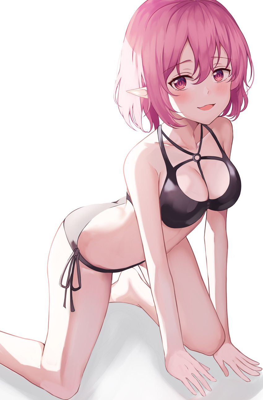 1girl absurdres all_fours bare_arms bare_shoulders bikini black_bikini breasts cleavage highres looking_at_viewer lucid maplestory medium_breasts muyang open_mouth pink_hair pointy_ears red_eyes shadow short_hair side-tie_bikini simple_background smile solo swimsuit thighs white_background