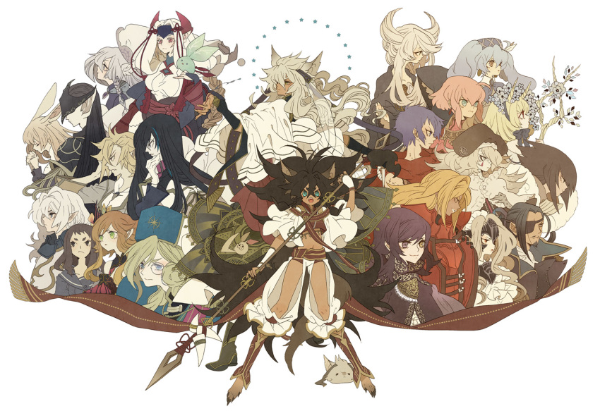 6+boys 6+girls ambiguous_gender androgynous animal_ears aqua_eyes armor black_hair blonde_hair blue_eyes blue_hair borrowed_character brown_eyes brown_hair creature curly_hair dark_skin eyepatch fantasy frown green_eyes grey_hair hat heterochromia holding holding_polearm holding_weapon jewelry light_brown_hair long_hair mask midriff monocle multicolored_hair multiple_boys multiple_girls orange_hair pixiv_fantasia pixiv_fantasia_5 pointy_ears polearm purple_eyes purple_hair red_eyes short_hair silver_hair smile tan tsumi_guilty twintails very_long_hair weapon white_hair yellow_eyes yue_liang_(pixiv_fantasia)