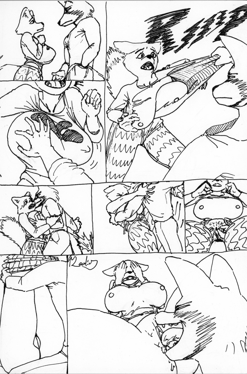 absurd_res anthro big_breasts big_butt bodily_fluids breasts butt canid canine clothed clothing comic cunnilingus domination duo exposed_breasts female forced fox grope hi_res huge_breasts male male/female male_domination mammal monochrome nipples open_mouth oral rape realius sex simple_background thick_thighs torn_clothing vaginal