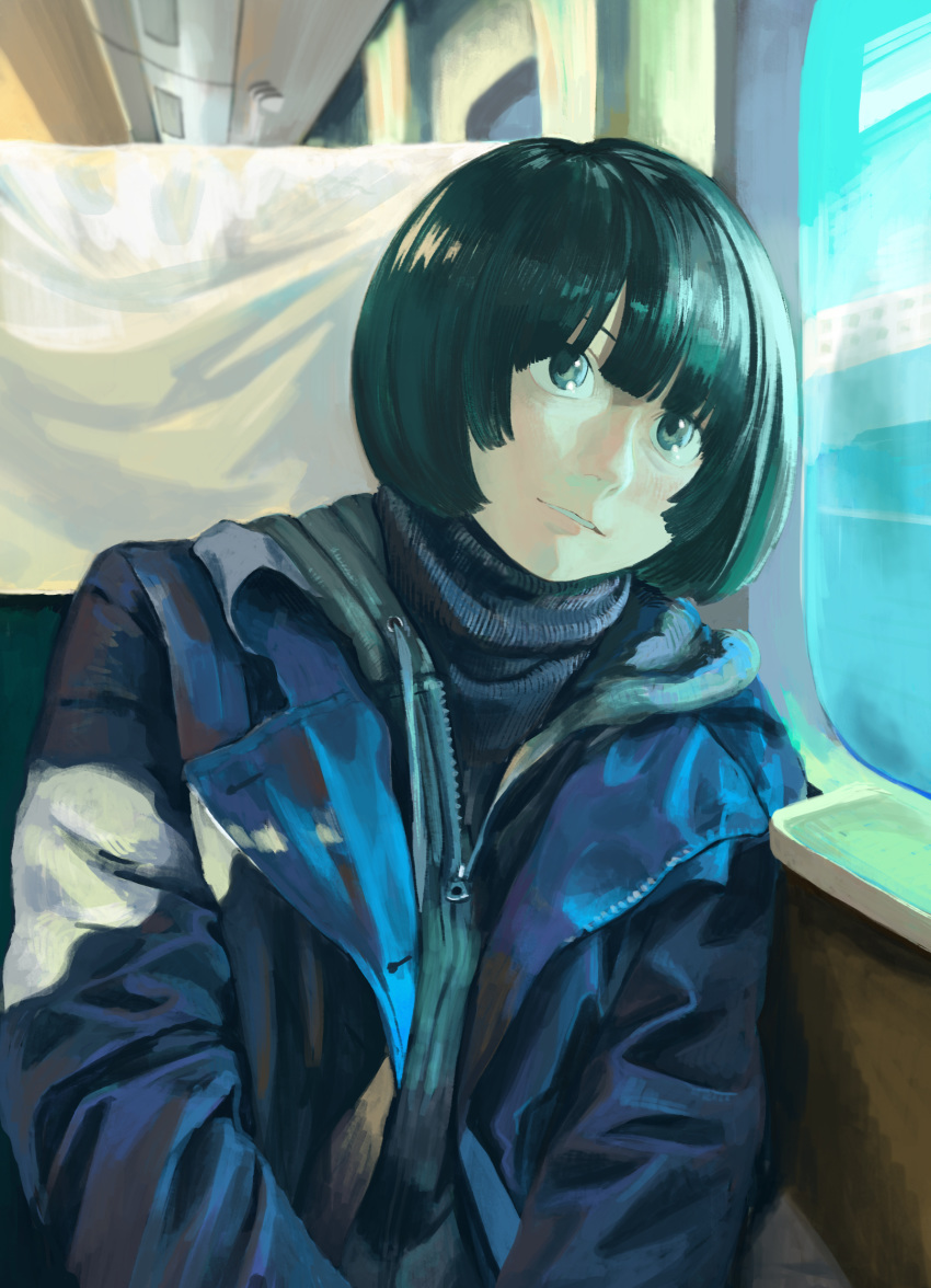 1girl bangs blue_jacket commentary_request day glowing green_eyes highres jacket long_sleeves looking_outside on_chair original partially_unzipped short_hair sitting solo sunlight train_interior turquoise_iro window