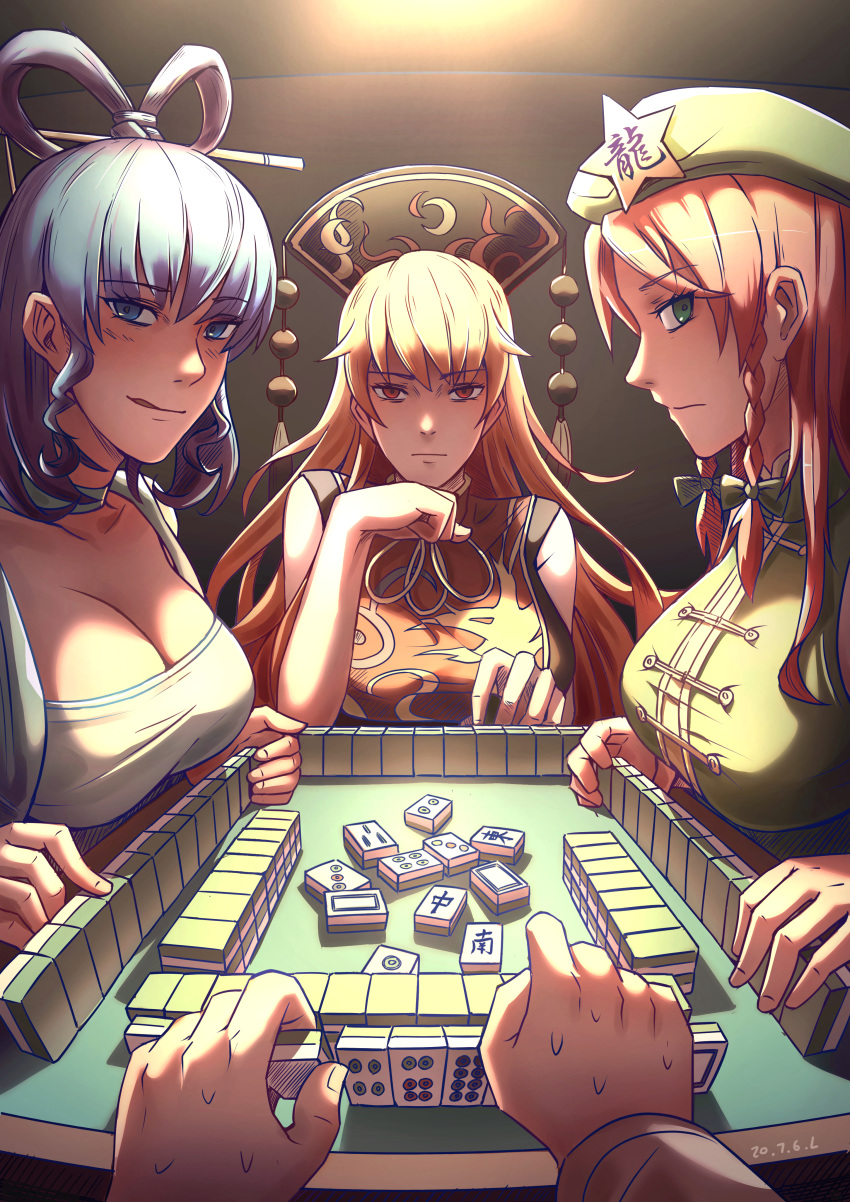 1other 3girls absurdres blonde_hair blue_eyes blue_hair braid breasts cleavage country_connection eyebrows_visible_through_hair frown green_eyes hair_ornament hair_rings hair_stick hat headdress highres hong_meiling huge_filesize indoors junko_(touhou) kaku_seiga large_breasts licking_lips long_hair looking_at_viewer mahjong multiple_girls pov red_eyes red_hair royl short_hair sleeveless sweatdrop table tongue tongue_out touhou twin_braids upper_body