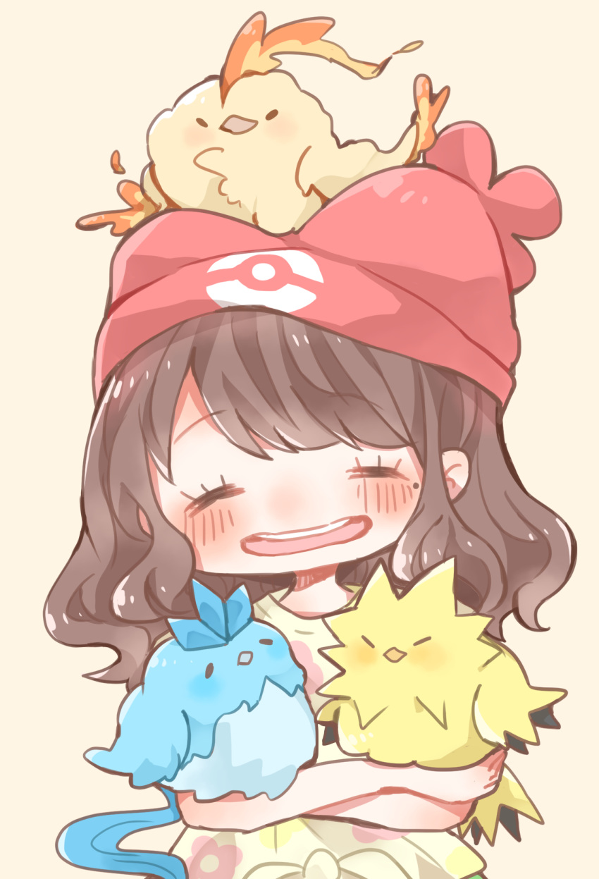 1girl articuno bangs beanie bird blush brown_hair chick closed_eyes commentary_request eyebrows_visible_through_hair eyelashes fire floral_print gen_1_pokemon hat highres holding holding_pokemon legendary_pokemon mizuki_(pokemon) mole mole_under_eye moltres namino24 open_mouth poke_ball_print pokemon pokemon_(creature) pokemon_(game) pokemon_sm red_headwear shirt short_sleeves teeth tied_shirt tongue yellow_shirt zapdos