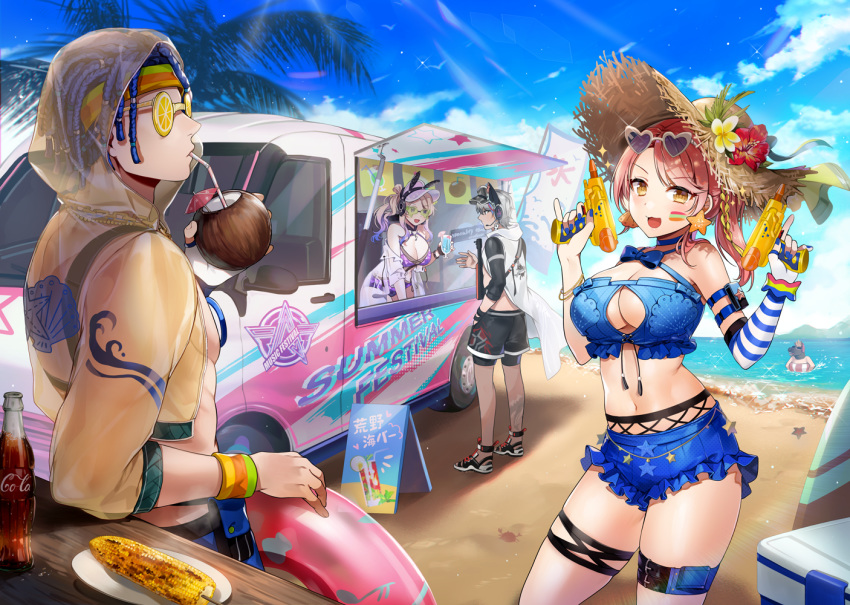 animal animal_ears beach bikini blonde_hair breasts bunny_ears cat_smile cleavage clouds coca_cola crab drink elbow_gloves food garter gijang gloves group gun hat headband headphones hoodie horse_head knives_out long_hair male microphone pink_hair ponytail short_hair shorts sky summer sunglasses swim_ring swimsuit water weapon wristwear yellow_eyes