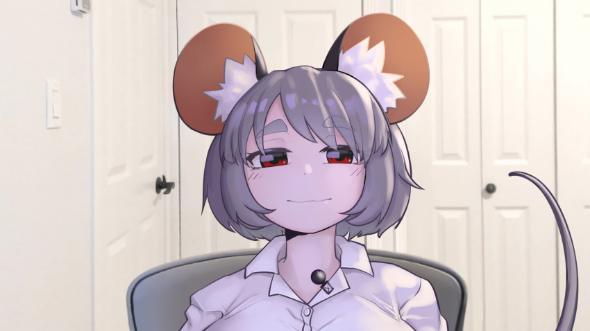 16:9 animal_humanoid anonymous_artist atama bangs big_breasts blush breasts clothing door female grey_hair hair hi_res humanoid inner_ear_fluff lips mammal mammal_humanoid meme microphone mouse_humanoid murid murid_humanoid murine murine_humanoid photo_background red_eyes rodent rodent_humanoid shirt sitting_on_chair solo tan_body tan_skin topwear tuft white_clothing white_shirt white_topwear widescreen