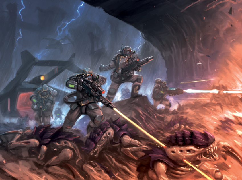 6+boys armor breastplate commentary english_commentary firing gun helmet holding holding_gun holding_weapon imperium_of_man lasgun lightning monster multiple_boys official_art okita outdoors pillar rain rock running standing tyranid warhammer_40k water weapon