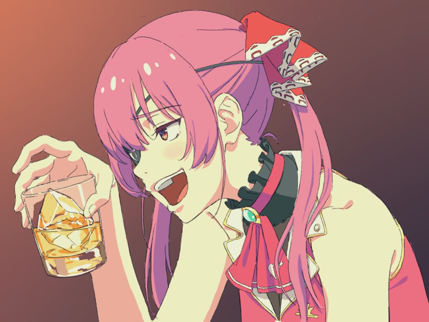 1girl :d alcohol anime_coloring arm_support bansei black_collar black_eyepatch bodystocking choker collar commentary_request cravat cropped_jacket cup drinking_glass drunk eyepatch frilled_collar frills from_side gem gradient gradient_background hair_over_shoulder half-closed_eyes hand_up highres hololive houshou_marine jacket jewelry lapel lapel_pin leaning_forward long_hair neckerchief one_eye_covered open_mouth pendant pink_hair pirate print_eyepatch profile raised_eyebrow red_choker red_eyes red_jacket shiny shiny_hair side_ponytail sidelocks simple_background sleeveless smile solo upper_teeth virtual_youtuber whiskey
