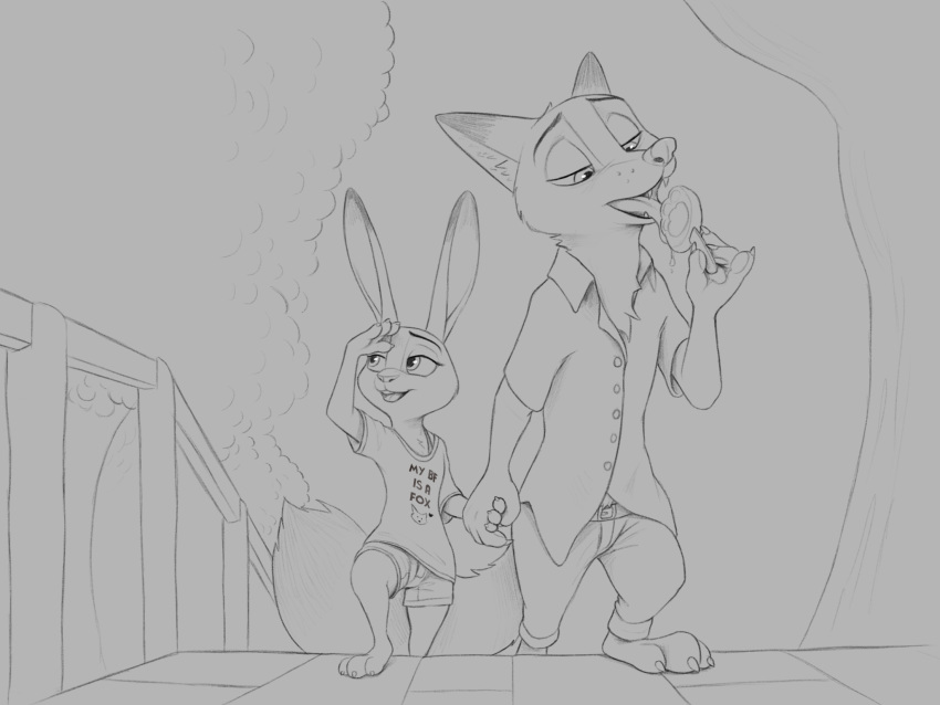 2020 4:3 anthro barefoot bottomwear canid canine clothed clothing disney duo eating english_text female food fox fully_clothed fur hi_res holding_popsicle judy_hopps lagomorph leporid male mammal monochrome nick_wilde open_mouth open_smile outside pants pawpsicle popsicle rabbit red_fox s1m shirt shorts smile t-shirt text tongue tongue_out topwear tree walking zootopia