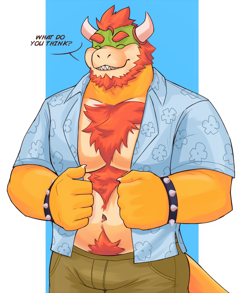 aloha_shirt anthro beard body_hair bottomwear bowser bracelet casual_clothing chest_exposed chest_hair clothed clothing dialogue english_text eyebrows eyes_closed facial_hair hair hairy hi_res horn jewelry koopa male mario_bros naikuma navel nintendo open_shirt pants pubes_exposed red_hair reptile scalie shell-less shirt solo spiked_bracelet spikes teeth text thick_eyebrows topwear video_games yellow_body