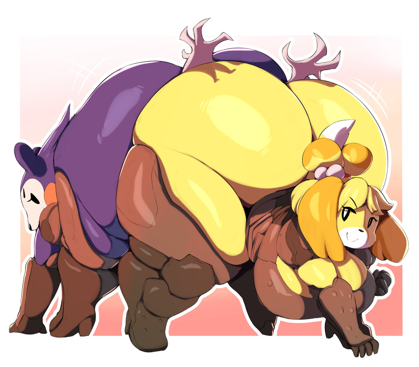 absurd_res animal_crossing anthro bent bent_over big_breasts big_butt breasts butt butt_smother canid canine canis demon domestic_dog doom_(series) eulipotyphlan female female/female fur group hedgehog hi_res huge_breasts huge_butt hyper hyper_butt id_software imp_(doom) isabelle_(animal_crossing) mabel_able mammal nintendo purple_body purple_fur shih_tzu smothering thick_thighs thigh_pads toy_dog trinity-fate62 video_games wide_hips yellow_body yellow_fur
