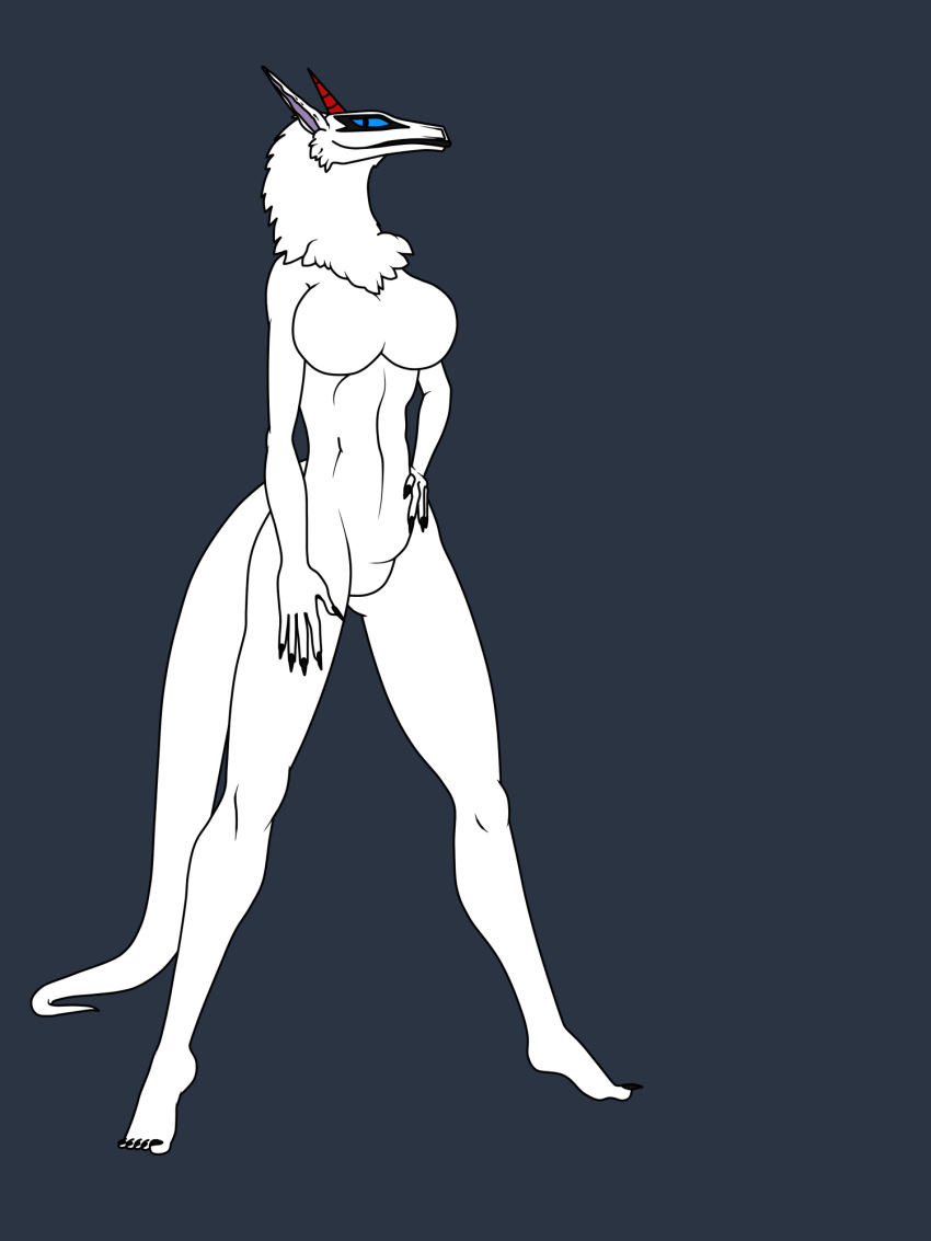 2020 3:4 anthro biped black_lips blue_eyes breasts female fur hi_res horn lips looking_at_viewer nude nullo simple_background smile solo sweetmeat synx white_body white_fur white_skin