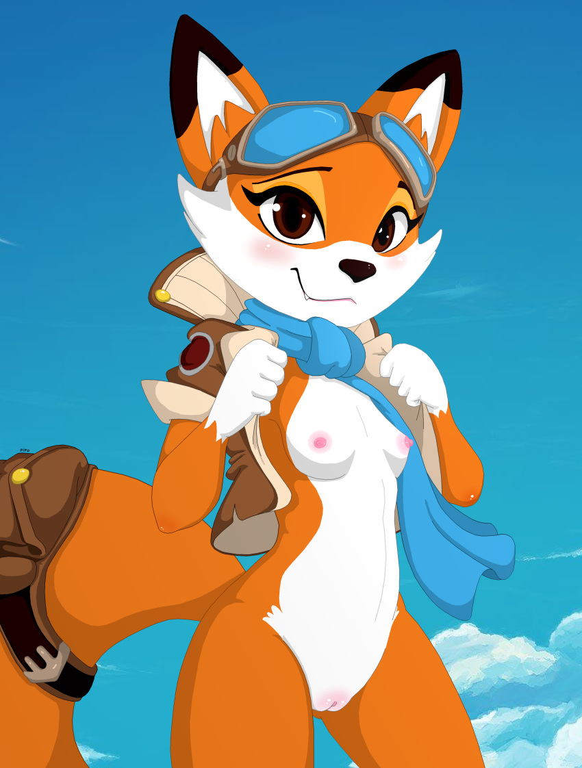 absurd_res anthro aviator_goggles aviator_jacket backpack blue_scarf blue_sky blush breasts brown_eyes canid canine cloud cute_fangs detailed_background eyelashes female fox fur genitals hi_res looking_at_viewer lyra_(super_lucky's_tale) mammal microsoft older_sister orange_body orange_fur piporete pussy pussy_blush scarf sky smiling_at_viewer solo video_games white_body white_fur xbox_game_studios