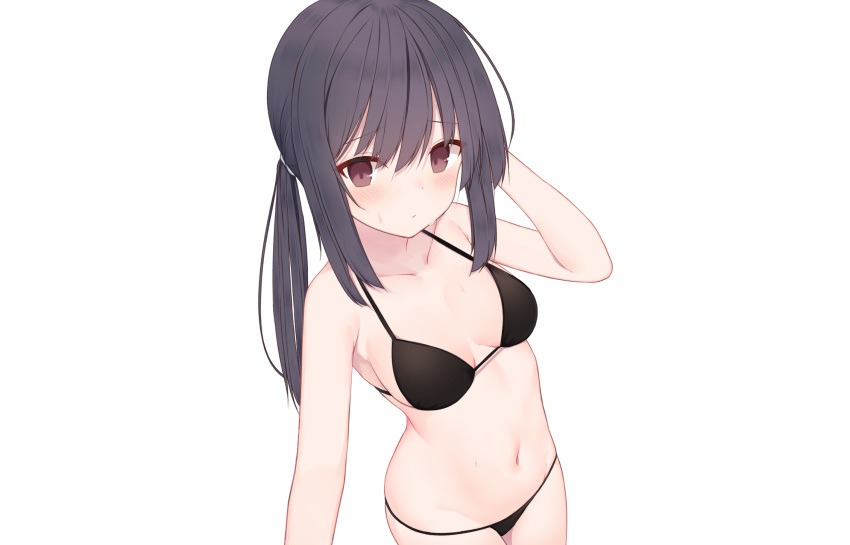 bikini black_hair blush brown_eyes long_hair mm2k original ponytail swimsuit third-party_edit white