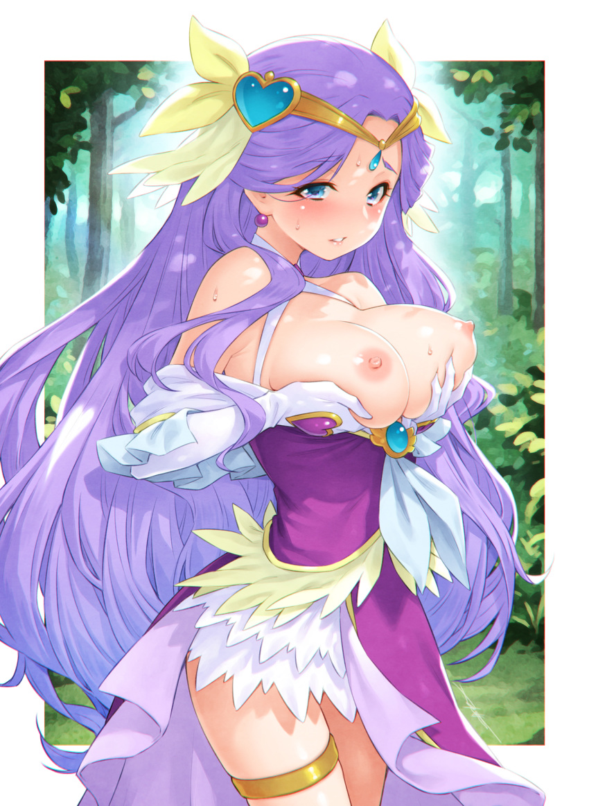 1girl blue_eyes breast_hold breasts commentary_request cure_earth earrings forest fuurin_asumi gloves healin'_good_precure heart highres jewelry kazuma_muramasa large_breasts leg_garter long_hair looking_at_viewer magical_girl nature nipples outdoors precure purple_hair solo sweat white_gloves