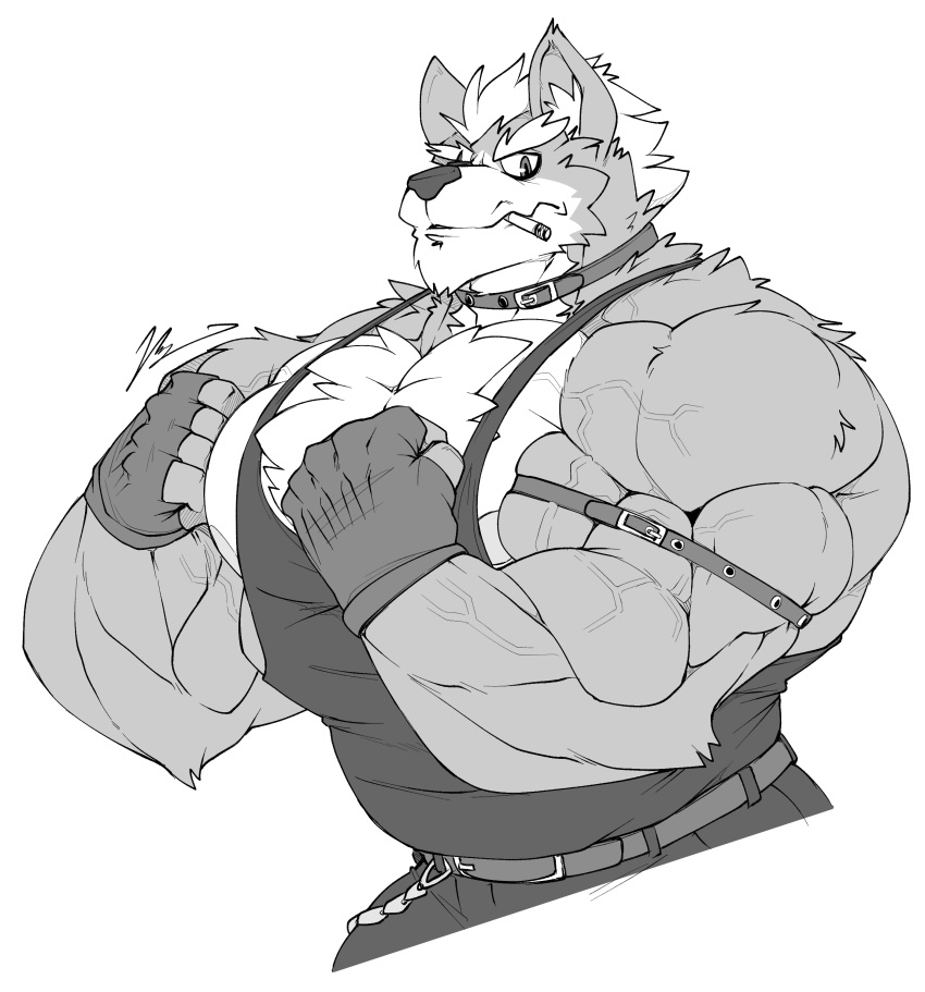 absurd_res anthro biceps body_hair canid canine canis chest_hair cigarette clothing flammars gloves handwear hi_res male mammal monochrome muscular muscular_anthro muscular_male nintendo shirt smoking solo star_fox tank_top topwear vein video_games wolf wolf_o'donnell yongdasom