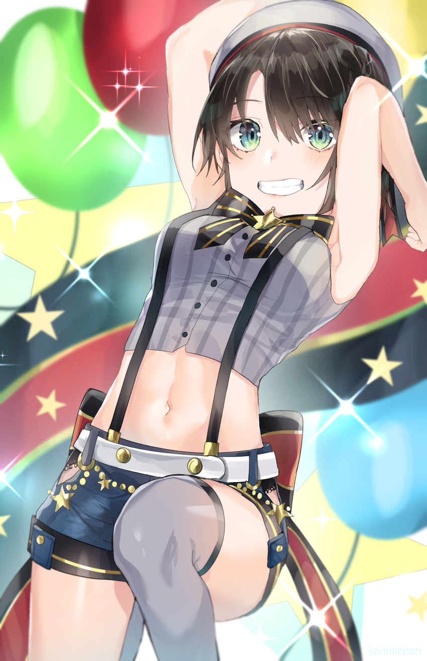 1girl absurdres armpits arms_up balloon bare_shoulders belt black_hair blue_shorts bow bowtie breasts crop_top green_eyes grey_legwear grey_shirt grin highres hololive kanniepan knee_up looking_at_viewer medium_breasts midriff navel oozora_subaru shirt short_hair short_shorts shorts sleeveless sleeveless_shirt smile solo stomach striped striped_shirt suspenders thighhighs virtual_youtuber