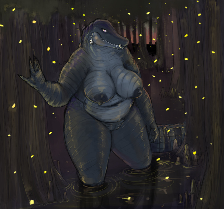 2020 alligator alligatorid anthro areola belly black_body black_scales breasts caiman crocodilian doctordj ear_piercing ear_ring female forest genitals hi_res looking_at_viewer mouth_piercing nipples non-mammal_breasts nude overweight overweight_anthro overweight_female partially_submerged piercing purple_eyes pussy reptile scales scalie sharp_teeth teeth tree water