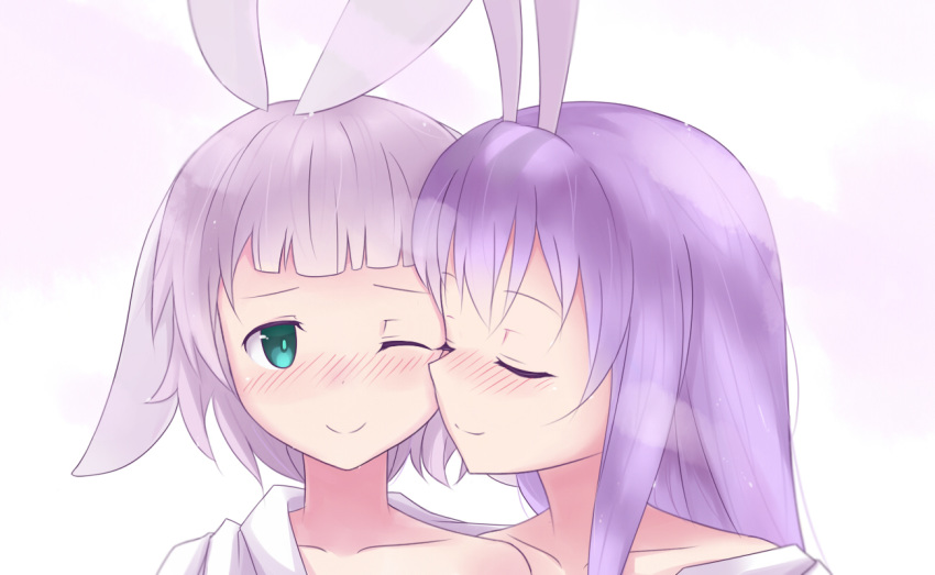 1girl ;( animal_ears blush bunny_ears cheek-to-cheek closed_eyes collarbone commentary cyan_aeolin english_commentary erina_(rabi-ribi) face green_eyes irisu_(rabi_ribi) long_hair purple_hair rabi-ribi short_hair silver_hair simple_background smile solo yuri