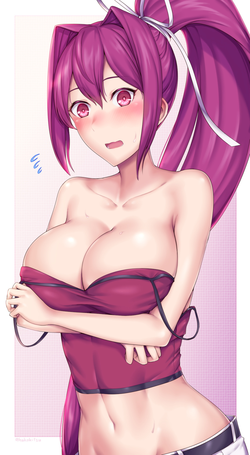 1girl bangs bare_shoulders blush breasts camisole cleavage collarbone commentary_request crop_top eyebrows_visible_through_hair flying_sweatdrops groin hair_between_eyes hair_intakes hair_ribbon high_ponytail highres large_breasts long_hair looking_at_viewer midriff navel nose_blush open_clothes open_fly pants ponytail purple_hair red_camisole red_eyes ribbon sidelocks solo soukitsu standing strap_slip sweat twitter_username under_night_in-birth upper_body very_long_hair wavy_mouth white_pants white_ribbon yuzuriha_(under_night_in-birth)