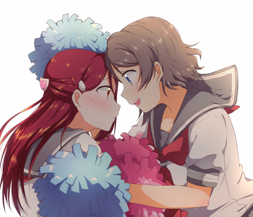 2girls :d absurdres blue_eyes brown_eyes collarbone collared_shirt couple eye_contact floating_hair grey_hair grey_sailor_collar highres long_hair looking_at_another love_live! love_live!_sunshine!! multiple_girls neckerchief open_mouth pom_poms profile red_hair red_neckwear sailor_collar sailor_collar_lift sailor_shirt sakurauchi_riko school_uniform serafuku shiny shiny_hair shirt short_hair short_sleeves simple_background smile upper_body uranohoshi_school_uniform watanabe_you white_background white_shirt yuchi_(salmon-1000) yuri