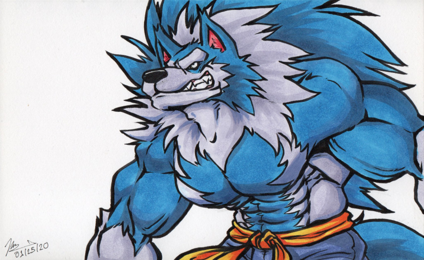 anthro biceps body_hair bottomwear canid canine canis capcom chest_hair clothing darkstalkers flammars hair hi_res jon_talbain male mammal muscular muscular_anthro muscular_male pants solo teeth video_games were werecanid werecanine werewolf wolf yongdasom