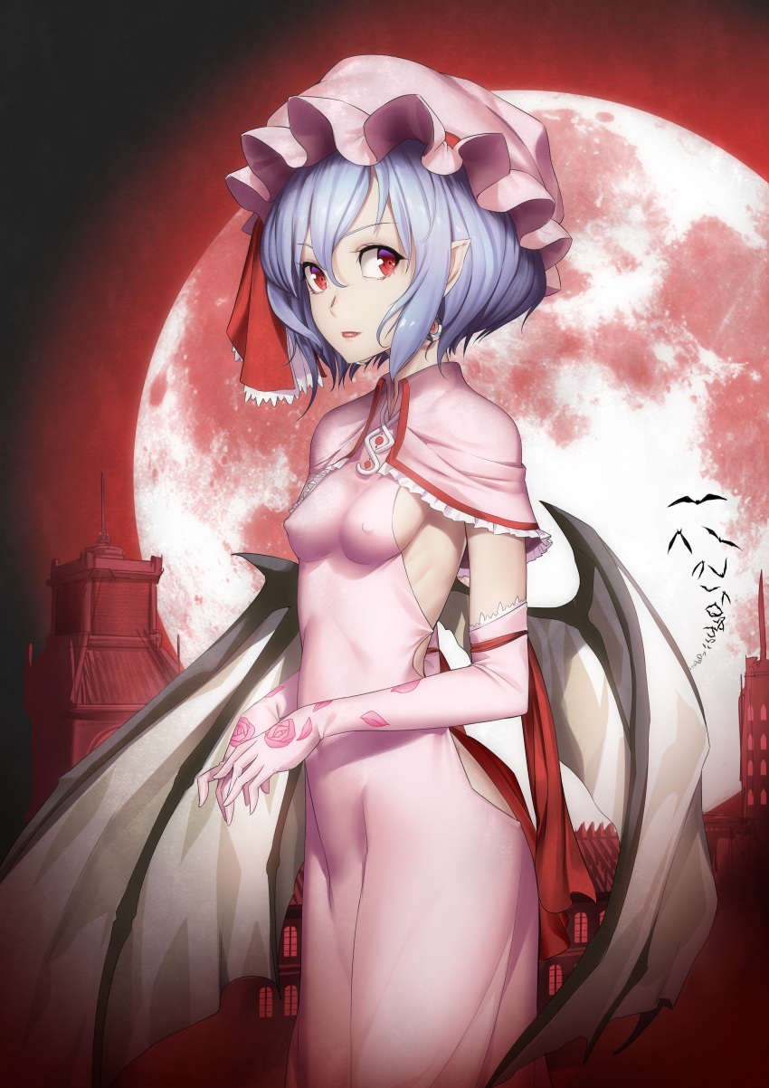 1girl absurdres bat bat_wings blue_hair breasts closed_mouth covered_nipples cowboy_shot dress earrings elbow_gloves fang gloves hat hat_ribbon highres huai_diao_de_zongzi jewelry lips lipstick looking_to_the_side makeup mob_cap moon necklace night nipples outdoors pink_dress pointy_ears red_eyes red_moon red_sky remilia_scarlet ribbon short_hair sky small_breasts solo touhou wings