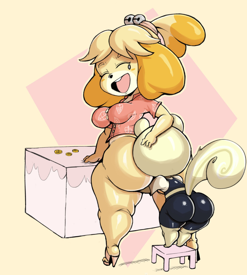 aloha_shirt animal_crossing anthro big_butt bike_shorts bottomless bottomwear breasts butt butt_grab butt_worship canid canine canis clothed clothing coin domestic_dog duo female footwear furniture girly hand_on_butt hi_res high_heels huge_butt isabelle_(animal_crossing) kissing_butt larger_female looking_back male male/female mammal marshal_(animal_crossing) nintendo one_eye_closed partially_clothed purple_yoshi_draws rodent sciurid shih_tzu shirt shoes shorts simple_background size_difference smaller_male stool thick_thighs topwear toy_dog tree_squirrel video_games yellow_background yellow_body