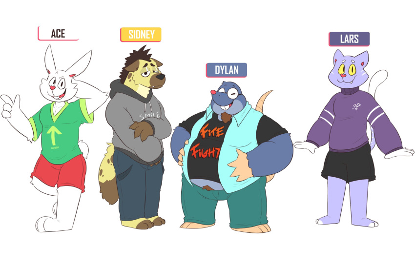 2020 ace_(the_human_heart) anthro belly bottomwear clothing domestic_cat dylan_(the_human_heart) eulipotyphlan eyewear felid feline felis glasses group hi_res hoodie hyaenid lagomorph lars_(the_human_heart) leonthelionel leporid male mammal mole_(animal) overweight overweight_male pants rabbit shirt shorts sidney_(the_human_heart) simple_background the_human_heart_(game) topwear video_games visual_novel white_background