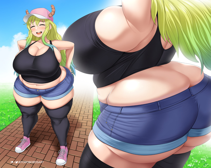 big_breasts big_butt blush bottomwear bra breasts butt clothing female hi_res horn horned_humanoid huge_breasts huge_butt humanoid legwear miss_kobayashi's_dragon_maid overweight overweight_female overweight_humanoid quetzalcoatl_(dragon_maid) shorts solo sports_bra thick_thighs thigh_highs toroboro underwear wide_hips