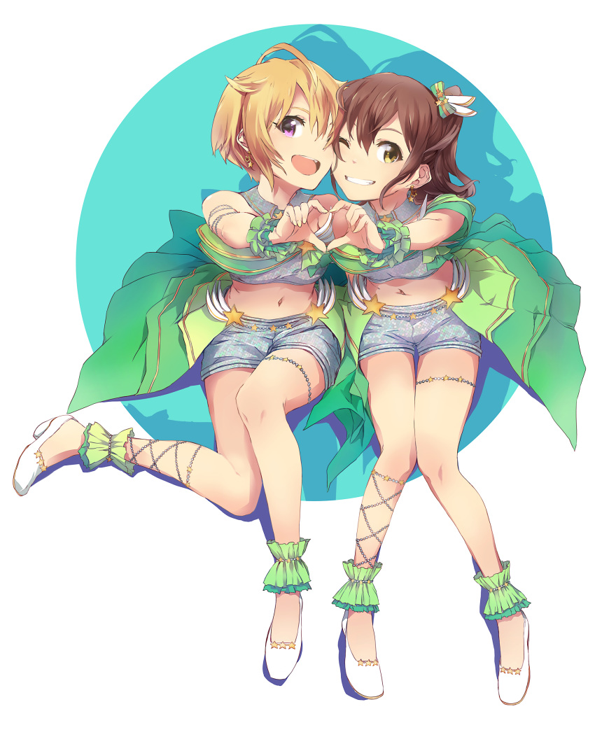 2girls absurdres anklet bangs blonde_hair blush bracelet brown_hair crop_top from_above full_body grey_shirt grey_shorts grin high_heels highres ibuki_tsubasa idol idolmaster idolmaster_million_live! idolmaster_million_live!_theater_days jewelry kasuga_mirai looking_at_viewer multiple_girls navel one_eye_closed one_side_up open_mouth purple_eyes shirt short_hair short_sleeves shorts sleeveless smile waist_cape white_footwear yellow_eyes yoshito