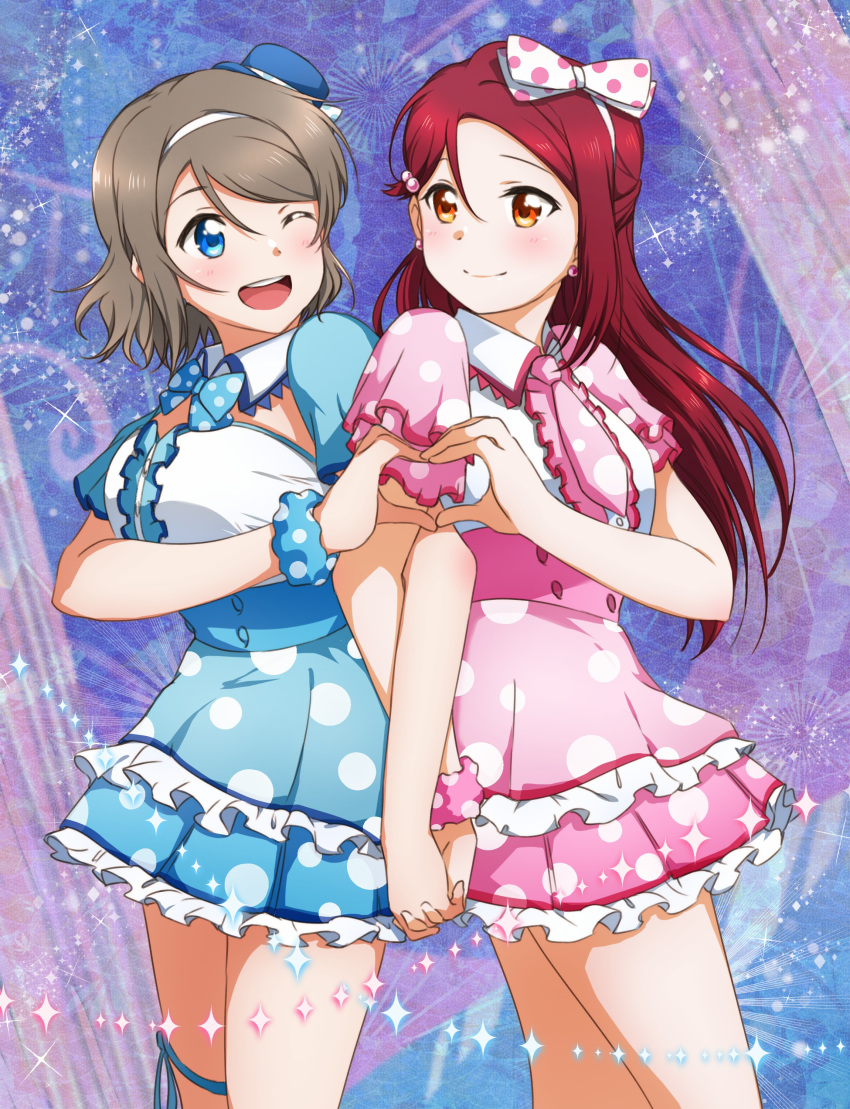 2girls ;d absurdres bangs blue_eyes blue_ribbon blue_scrunchie blue_skirt bow bow_hairband breasts closed_mouth collared_shirt earrings floating_hair frilled_skirt frills grey_hair hair_between_eyes hair_bow hairband heart heart_hands heart_hands_duo highres holding_hands interlocked_fingers jewelry layered_skirt leg_ribbon long_hair love_live! love_live!_sunshine!! medium_breasts miniskirt multiple_girls one_eye_closed open_mouth pink_skirt pleated_skirt polka_dot polka_dot_bow polka_dot_scrunchie purple_background red_hair ribbon sakurauchi_riko scrunchie shiny shiny_hair shirt short_hair skirt smile standing swept_bangs very_long_hair watanabe_you white_bow white_hairband white_shirt wing_collar wrist_scrunchie yuchi_(salmon-1000)