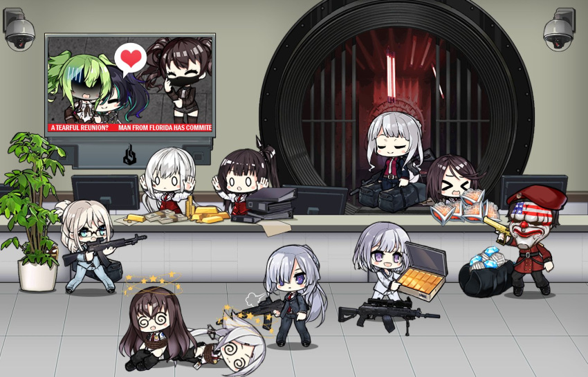 1boy 6+girls ak-12_(girls_frontline) ak-15 ak-15_(girls_frontline) alternate_costume alternate_hairstyle an-94 an-94_(girls_frontline) architect_(girls_frontline) arms_up assault_rifle bag bangs bank bank_vault bills binder bipod black_hair blue_eyes bound camera chibi closed_eyes clown_mask coin commander_(girls_frontline) commentary covered_mouth defy_(girls_frontline) desert_eagle diamond_(gemstone) dizzy_(feeling) drum_magazine duffel_bag english_commentary english_text executioner_(girls_frontline) formal gager_(girls_frontline) girls_frontline glasses gold_bar green_hair gun handgun heart hostage houston_(payday) hug hunter_(girls_frontline) intruder_(girls_frontline) long_hair m950a_(girls_frontline) mask military military_uniform monitor multicolored_hair multiple_girls necktie o_o one_side_up open_mouth payday_(series) plant purple_eyes red_beret rifle robbery rope rpk-16_(girls_frontline) saf_(girls_frontline) sangvis_ferri scarecrow_(girls_frontline) shaded_face sidelocks silver_hair smile spiral_eyes spoken_heart streaked_hair suit suitcase television the_mad_mimic thighhighs tied_up token twintails uniform weapon white_hair