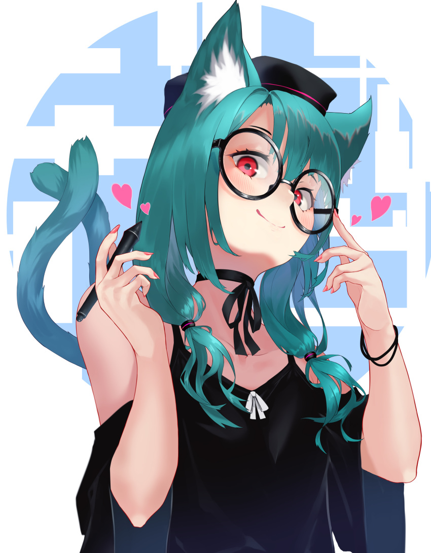 1girl absurdres adjusting_eyewear animal_ear_fluff animal_ears aqua_hair bangs black_ribbon black_shirt blush bracelet cat_ears cat_girl cat_tail choker glasses heart highres holding jewelry kesuno long_hair multiple_tails nail_polish original pink_eyes pink_nails ribbon round_eyewear shirt smile solo stylus tail tongue tongue_out twintails