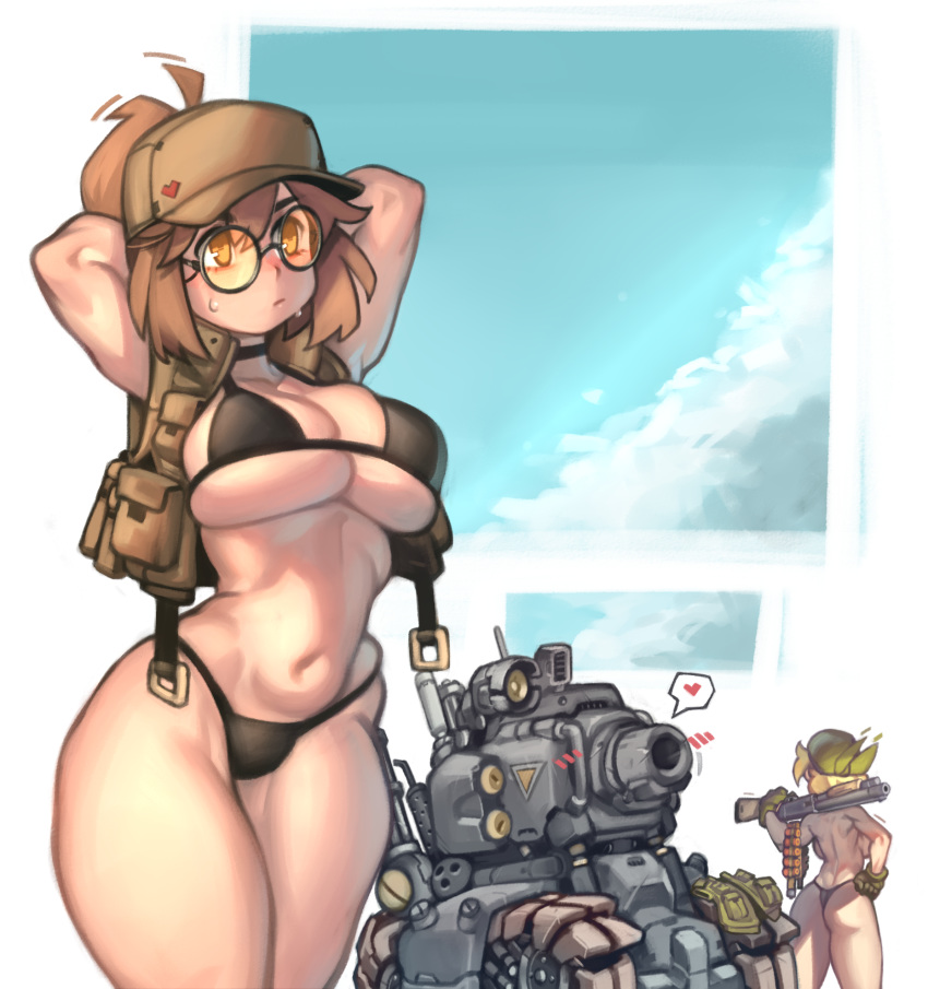 2girls arms_up ass back backboob bandana bandolier belly bikini black_bikini black_choker blonde_hair blue_sky breasts brown_eyes brown_hair choker cleavage fio_germi glasses gloves green_bandana green_gloves ground_vehicle gun heart highres hip_bones kasamoto_eri kelvin_hiu large_breasts load_bearing_vest metal_slug metal_slug_attack micro_bikini military military_vehicle motor_vehicle multiple_girls navel orange-tinted_eyewear round_eyewear shooting_glasses shotgun shotgun_shells sky spoken_heart standing strap_gap sv001_(metal_slug) sweat swimsuit tank thick_thighs thighs thong thong_bikini_bottom underboob weapon