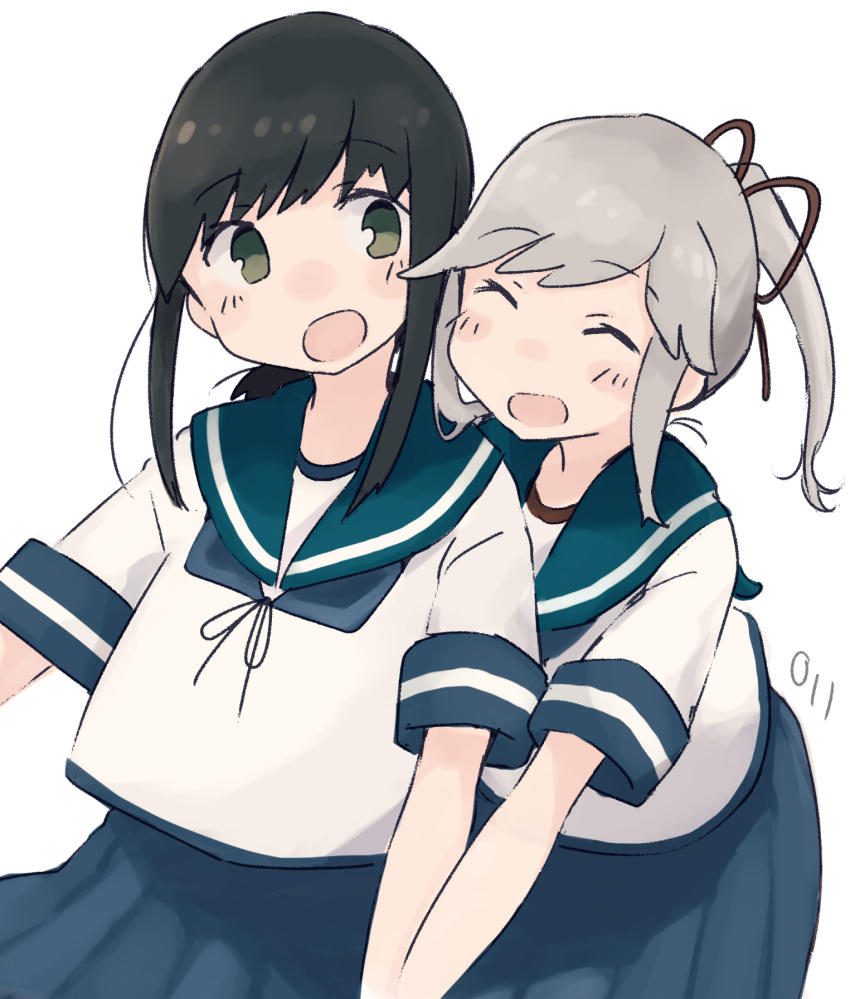 2girls artist_logo black_eyes black_hair blue_neckwear blue_sailor_collar blue_skirt closed_eyes fubuki_(kantai_collection) grey_hair hair_ribbon highres kantai_collection long_hair low_ponytail ma_rukan multiple_girls neckerchief pleated_skirt ponytail red_ribbon ribbon sailor_collar short_ponytail sidelocks simple_background skirt usugumo_(kantai_collection) white_background