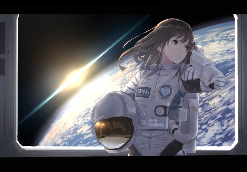 1girl astronaut astronaut_helmet bionekojita black_hair earrings earth hand_in_hair headwear_removed helmet helmet_removed idolmaster idolmaster_cinderella_girls jewelry long_hair shibuya_rin solo space