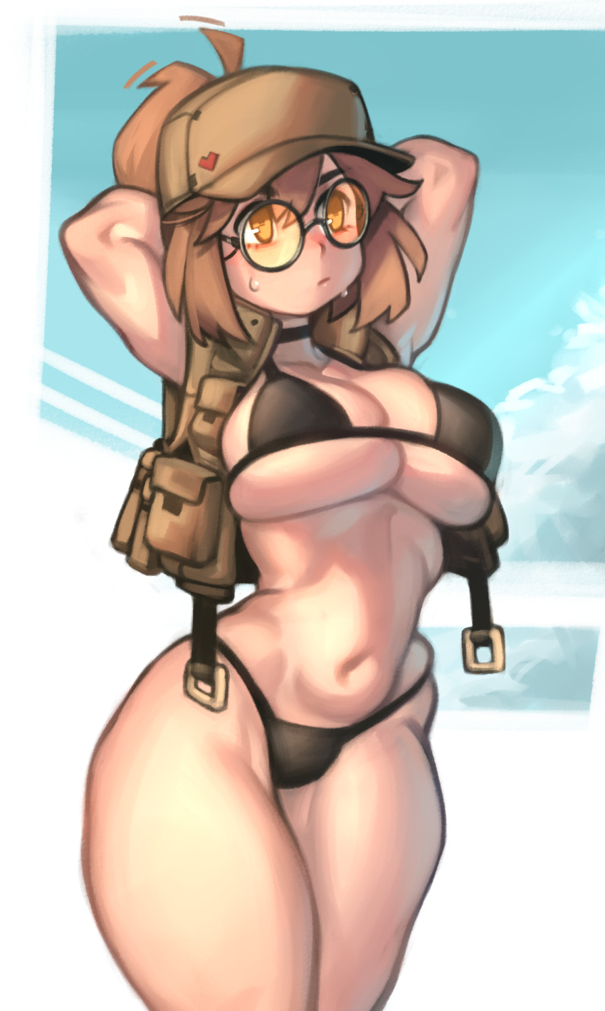 1girl arms_up baseball_cap belly bikini black_bikini blue_sky breasts brown_eyes brown_hair cleavage fio_germi hat highres hip_bones kelvin_hiu large_breasts load_bearing_vest metal_slug metal_slug_attack micro_bikini orange-tinted_eyewear ponytail round_eyewear shooting_glasses sky solo standing sweat swimsuit thick_thighs thighs underboob